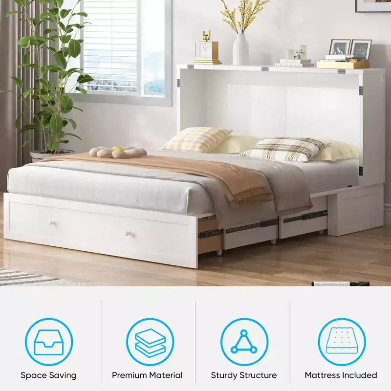 Murphy Bed Cabinet, Modern Murphy Bed Queen with Mattress, Built-in USB Charging Station & Drawers