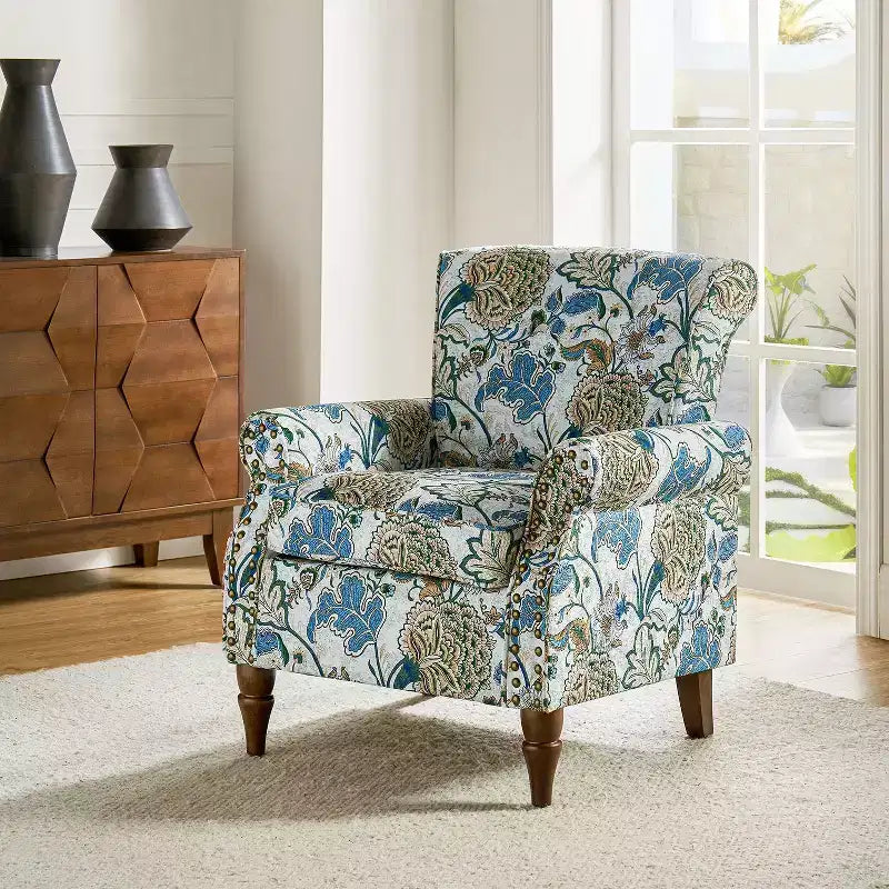 Traditional Wooden Upholstered Floral Armchair with Wingback and Nailhead Trim