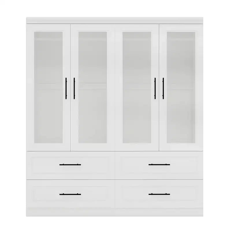 White Wood 63-Inch Armoire with 4 Drawers and 4 Doors, Bedroom Wardrobe Cabinet