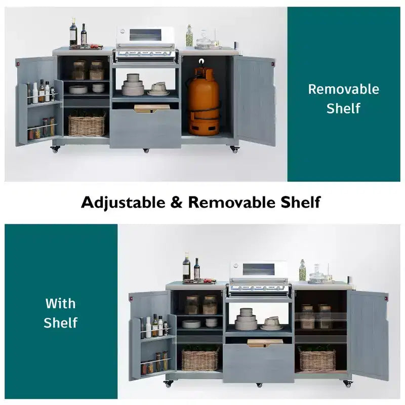 Okak Outdoor Kitchen Island with Steel Top & Rack,Solid Wood Grill Cart for Big Green Egg Grills,Storage Cabinet Dining Table