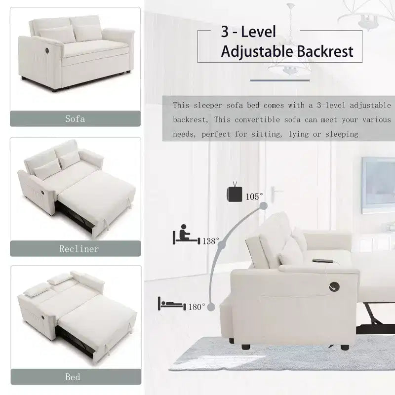 Convertible Sofa Bed Couch with Side Pockets & Adjustable Backrest, Velvet Upholstered Loveseat Sofa for Living Room, Bedroom