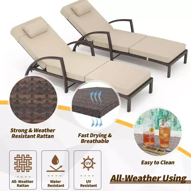 Coolmee Outdoor Chaise Lounge Set of 2 Rattan Patio Folding Chaise Lounge Adjustable 5 Position Back Patio Pool Lounge Chair with Cushion Pillow
