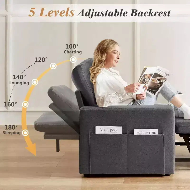42.5" 3-in-1 Convertible Sleeper Chair Bed with Adjustable Backrest and Side Pockets