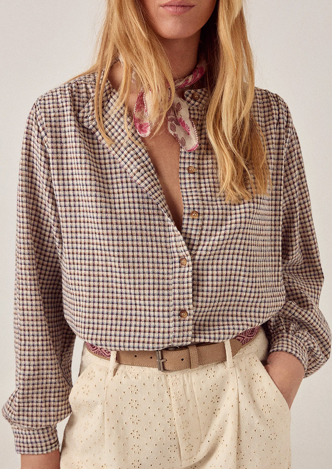Classic French-style plaid short-sleeved shirt